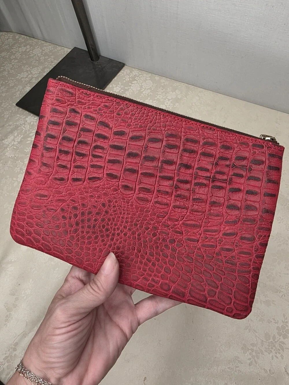 Planner Perfect Red Alligator Croc Embossed Leather Zippered Pouch Clutch